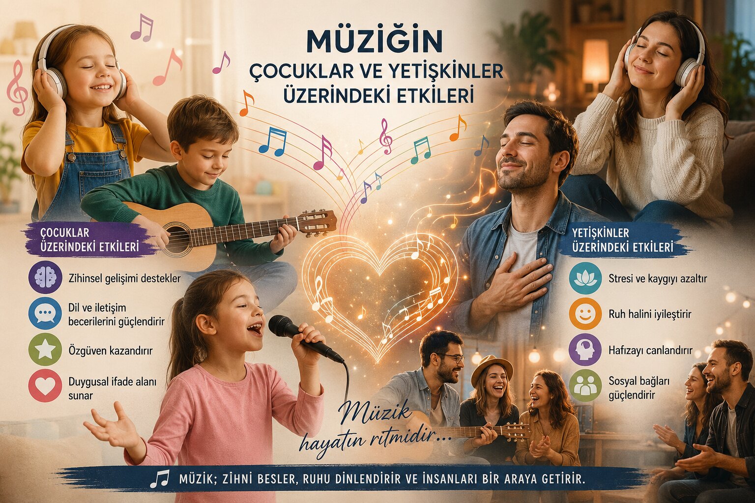 Müziğin çocuklar ve yetişkinler üzerindeki etkilerini özetleyen; kulaklıkla müzik dinleyen, gitar çalan ve şarkı söyleyen aile fotoğraflarından oluşan bir infografik