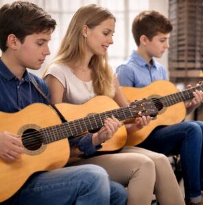 Üç genç, kadın öğretmenleriyle birlikte sırayla oturmuş klasik gitar çalıyor