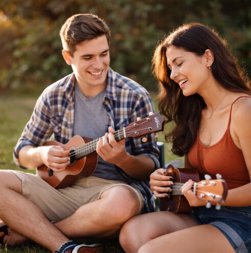 Açık havada birlikte ukulele çalan gülümseyen bir çift
