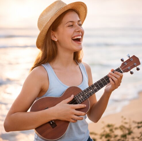 Sahilde hasır şapkasıyla gülerek ukulele çalan genç bir kadın