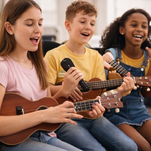 Mikrofonla şarkı söyleyip ukulele çalan üç genç