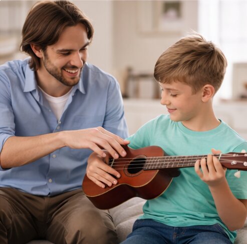 Bir baba, oğluna ukulele çalmayı öğretiyor
