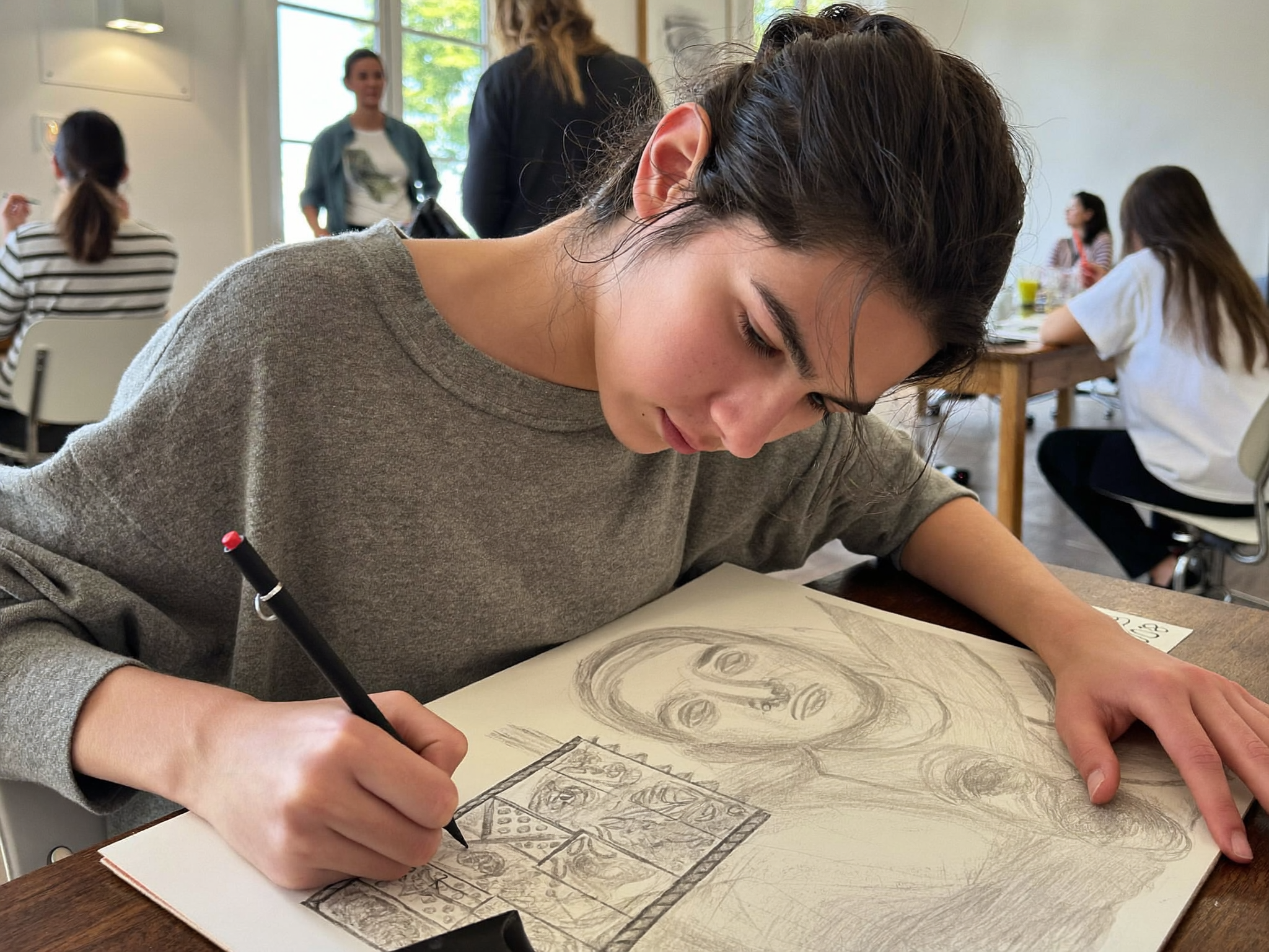 Sanat atölyesinde kömür kalemle karakalem portre çizen bir öğrenci